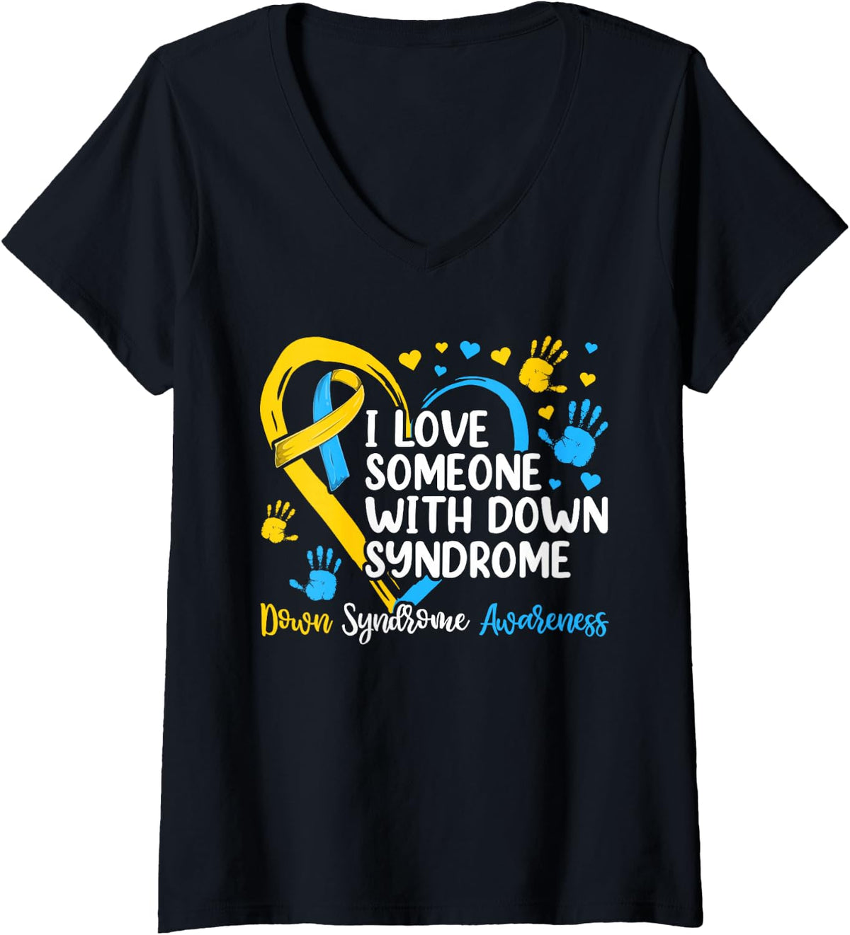 Women's I Love Someone with Down Syndrome Shirts, Mom Heart Ribbon V-Neck T-Shirt - Black