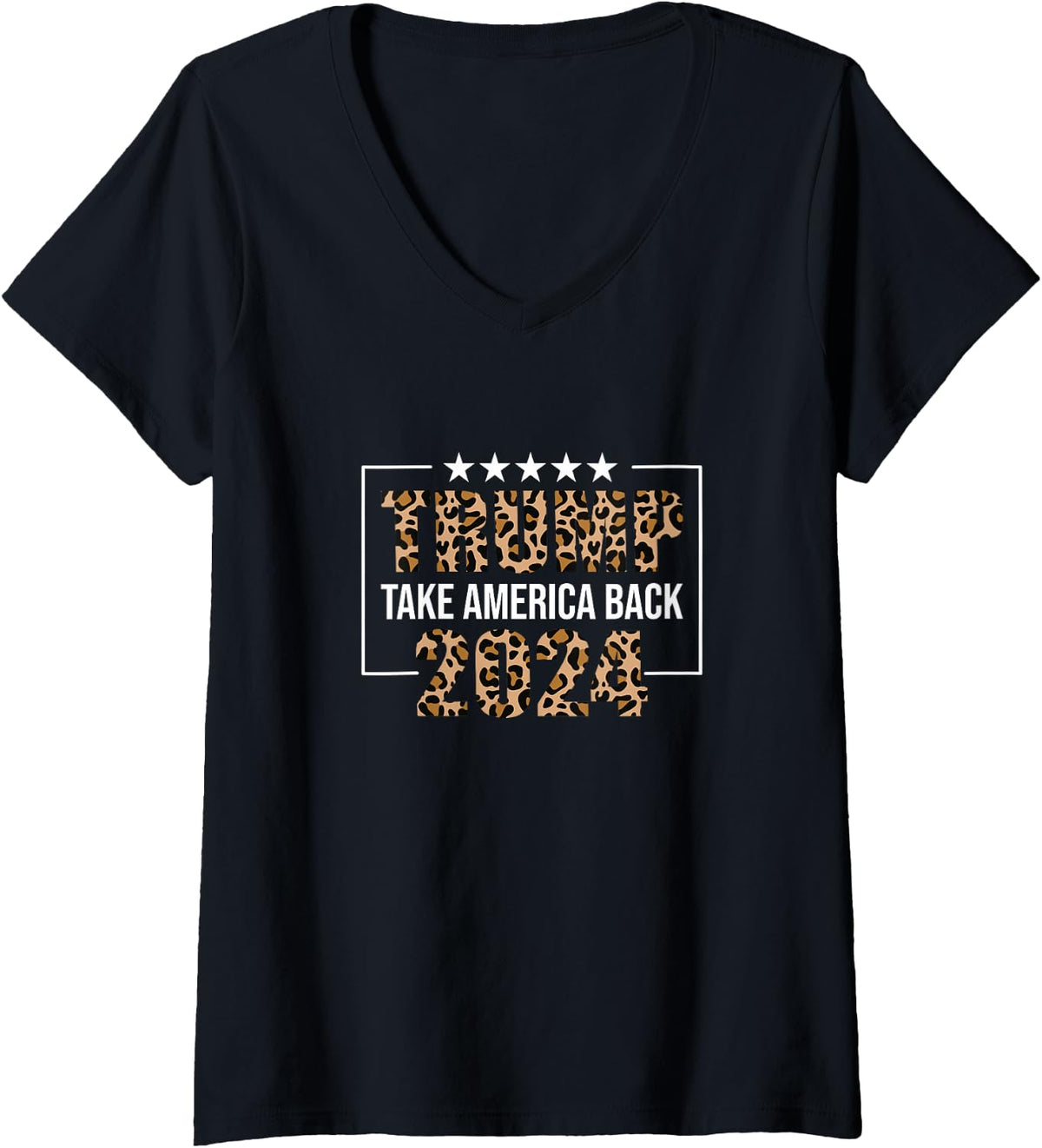 Women's Vintage Cheetah Pattern Trump 2024 Take America Back V-Neck T-Shirt - Black