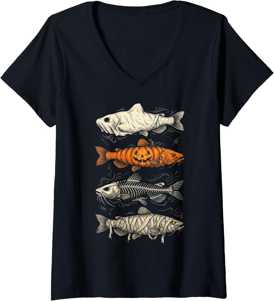 Women's Catfish Fishing Halloween Ghost Pumpkin Skeleton Mummy Funny V-Neck T-Shirt - Black