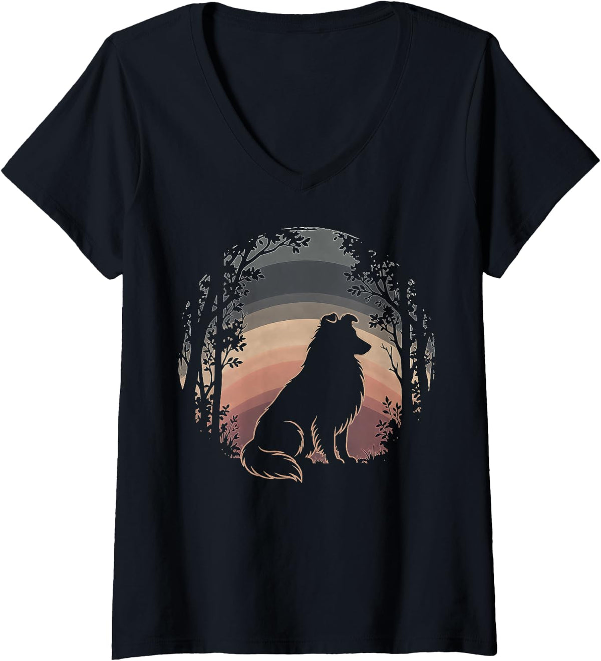 Women's Shetland Sheepdog Forest Sunset V-Neck T-Shirt - Black