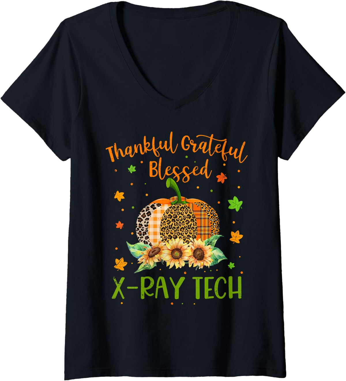 Women's Thankful X-ray Tech Pumpkin Sunflower Thanksgiving V-Neck T-Shirt - Black