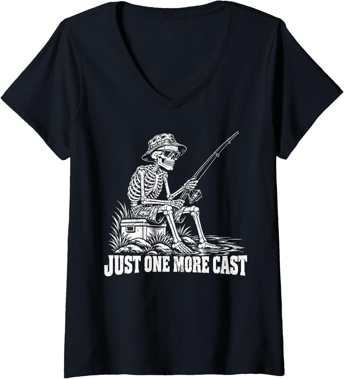 Women's Just One More Cast Skeleton Fishing Fisherman Angler Outdoor V-Neck T-Shirt - Black