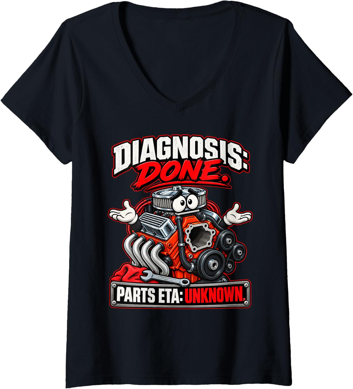 Women's Waiting on Parts Mechanic Diagnosis Done ETA Unknown V-Neck T-Shirt - Black