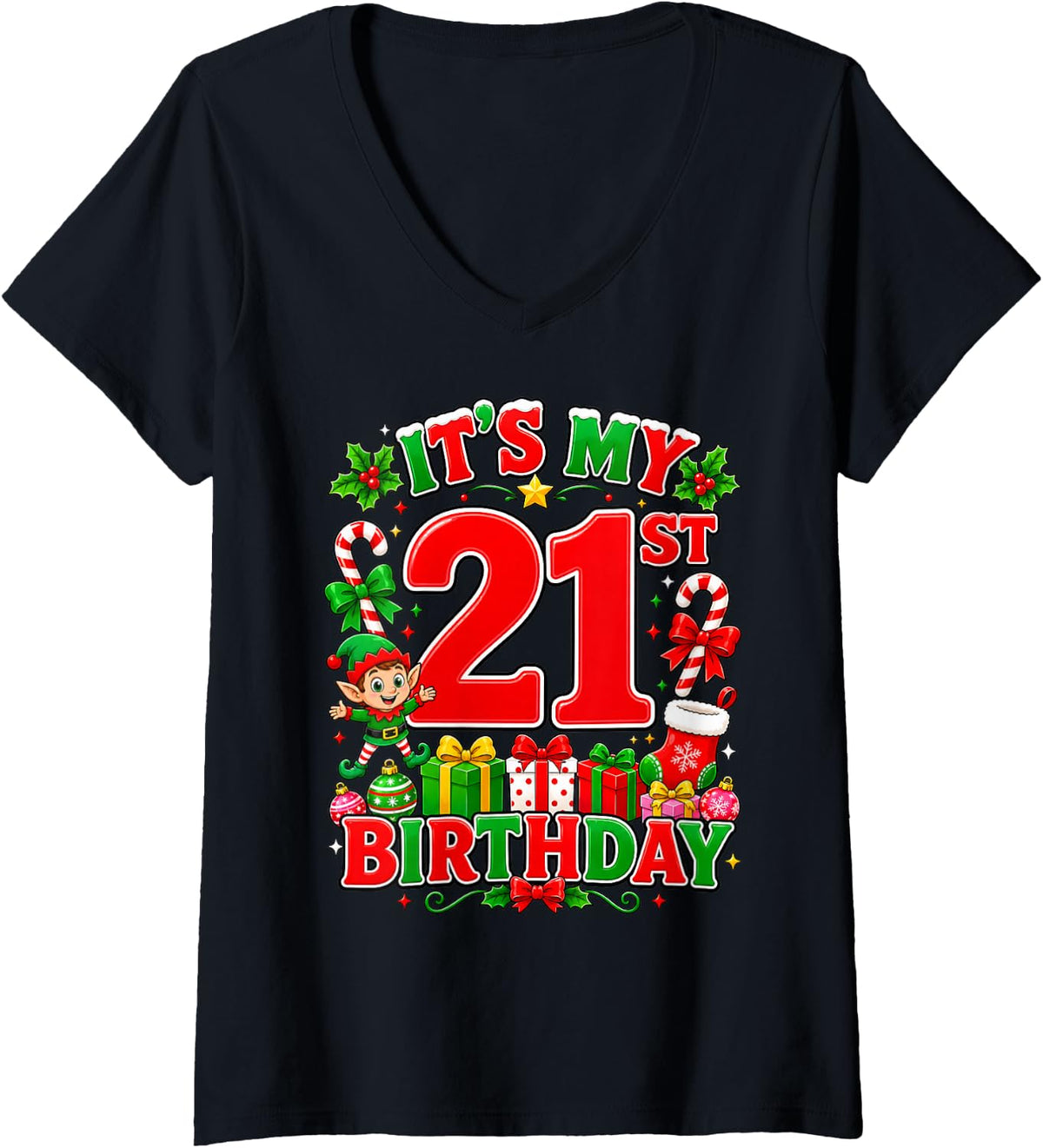 Women's It's My 21st Birthday Christmas Elf 21 Years Old Party V-Neck T-Shirt - Black