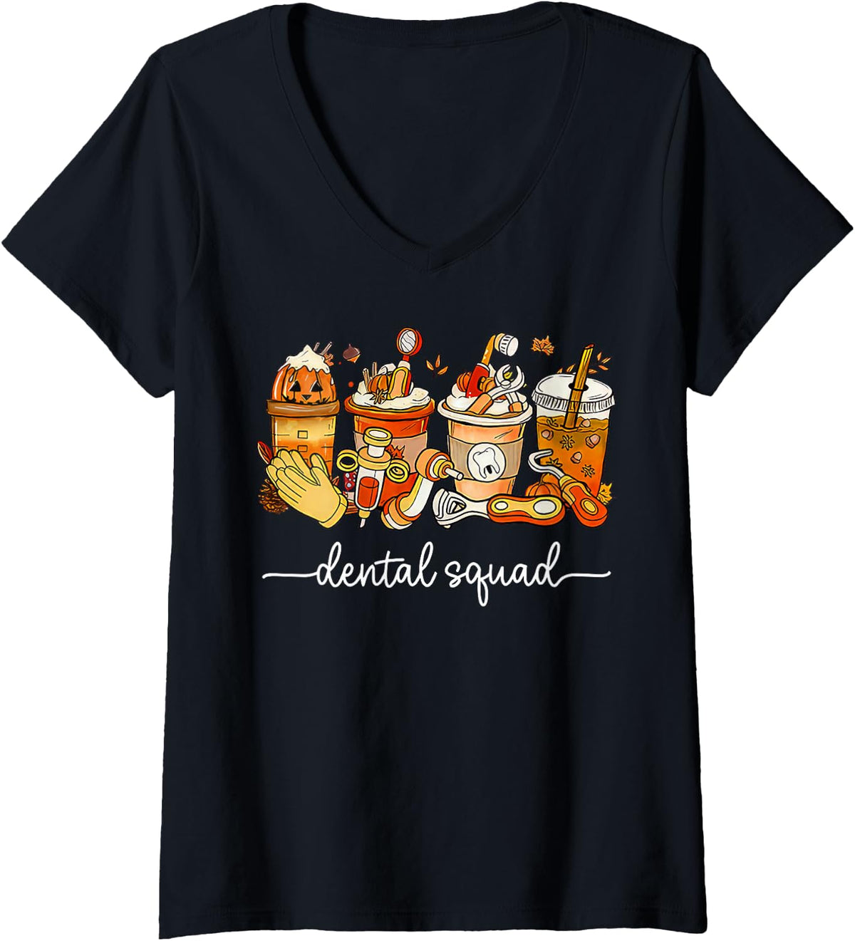 Women's Dental Squad Coffee Latte Fall Autumn Dentist Assistant V-Neck T-Shirt - Black