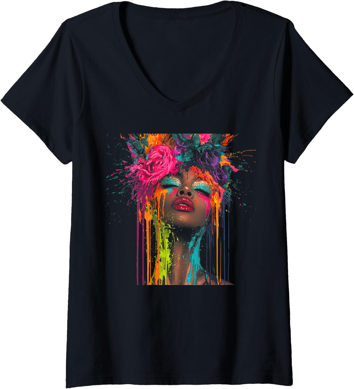Women's Black Queen Floral Afro Hairstyle Dripping Face Portrait V-Neck T-Shirt - Black