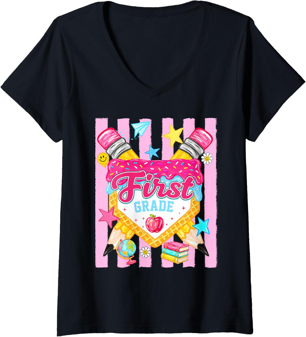 Women's Back to School First Grade Ice Cream Drip Women Girl Kid V-Neck T-Shirt - Black