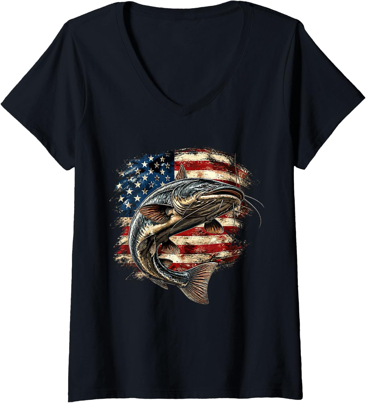 Women's USA Catfishing American Flag Catfish Patriotic Fisherman V-Neck T-Shirt - Black