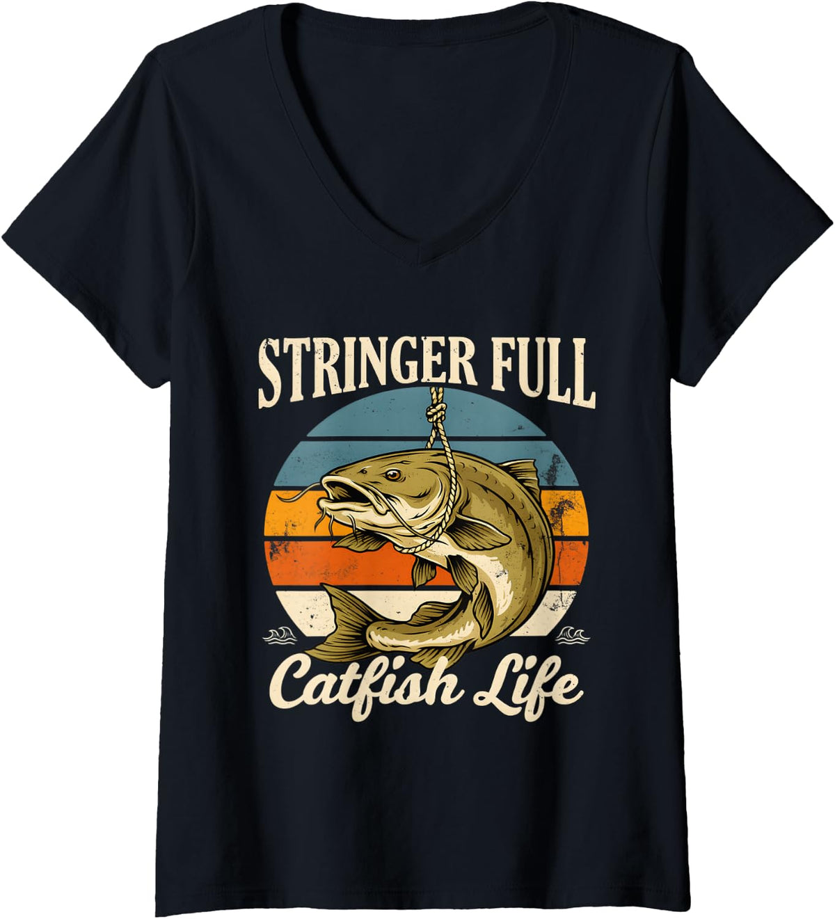 Women's Stringer Full Catfish Life Fishing Angler V-Neck T-Shirt - Black