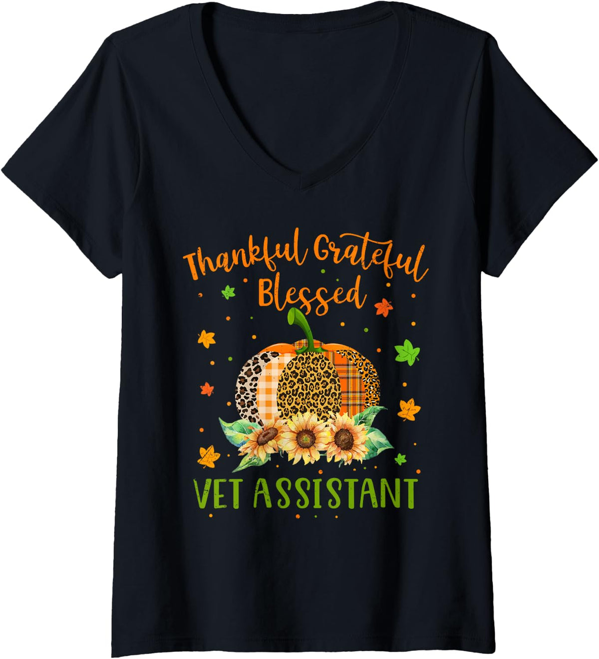 Women's Thankful Vet Assistant Pumpkin Sunflower Thanksgiving V-Neck T-Shirt - Black