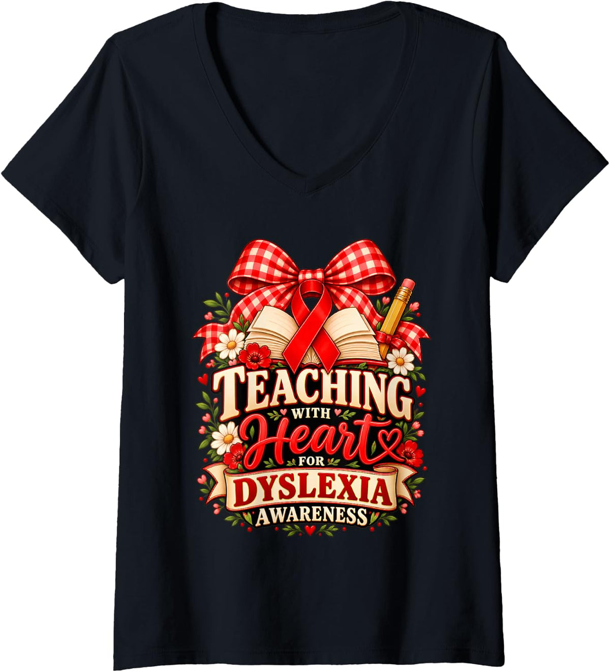 Women's Teaching with Heart for Dyslexia Awareness Teacher V-Neck T-Shirt - Black