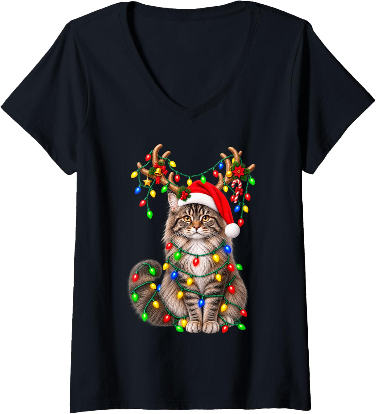 Women's Maine Coon Christmas Cat Reindeer Lights Santa Hat Xmas 2026 V-Neck T-Shirt - Black