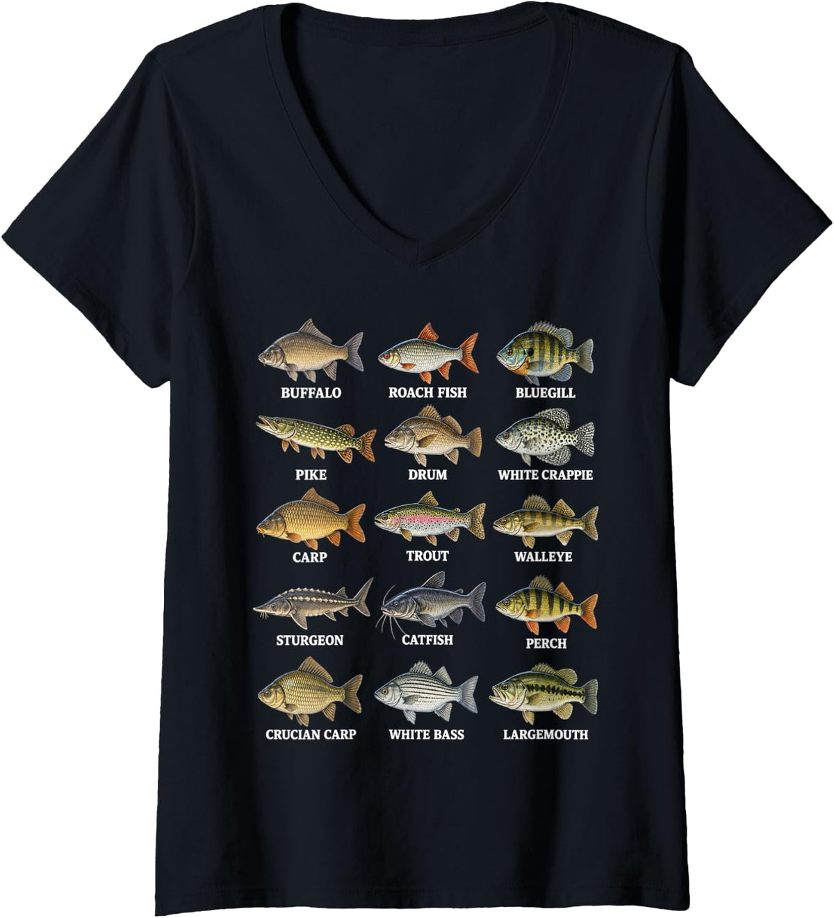 Women's Freshwater Fish Species Fishing Fisherman Angler Men V-Neck T-Shirt - Black