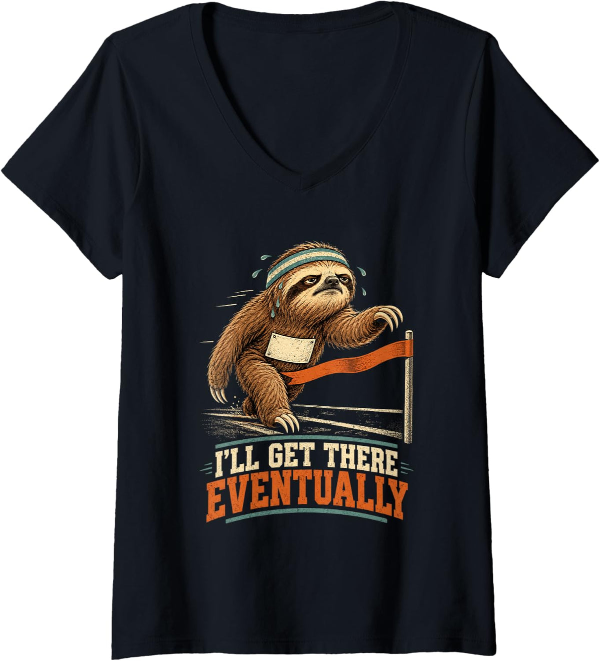 Women's I'll Get There Eventually Funny Running Sloth Design V-Neck T-Shirt - Black