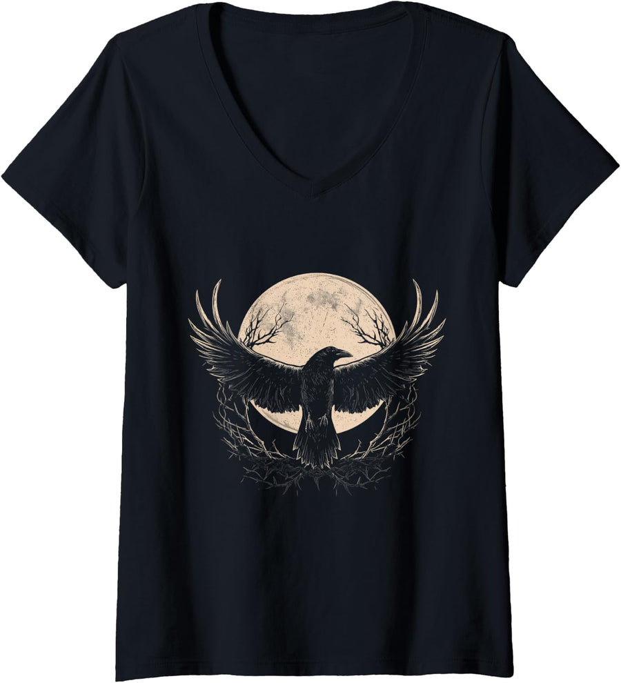 Women's Raven Black Crow Gothic Witchy Full Moon Celestial Goth V-Neck T-Shirt - Black