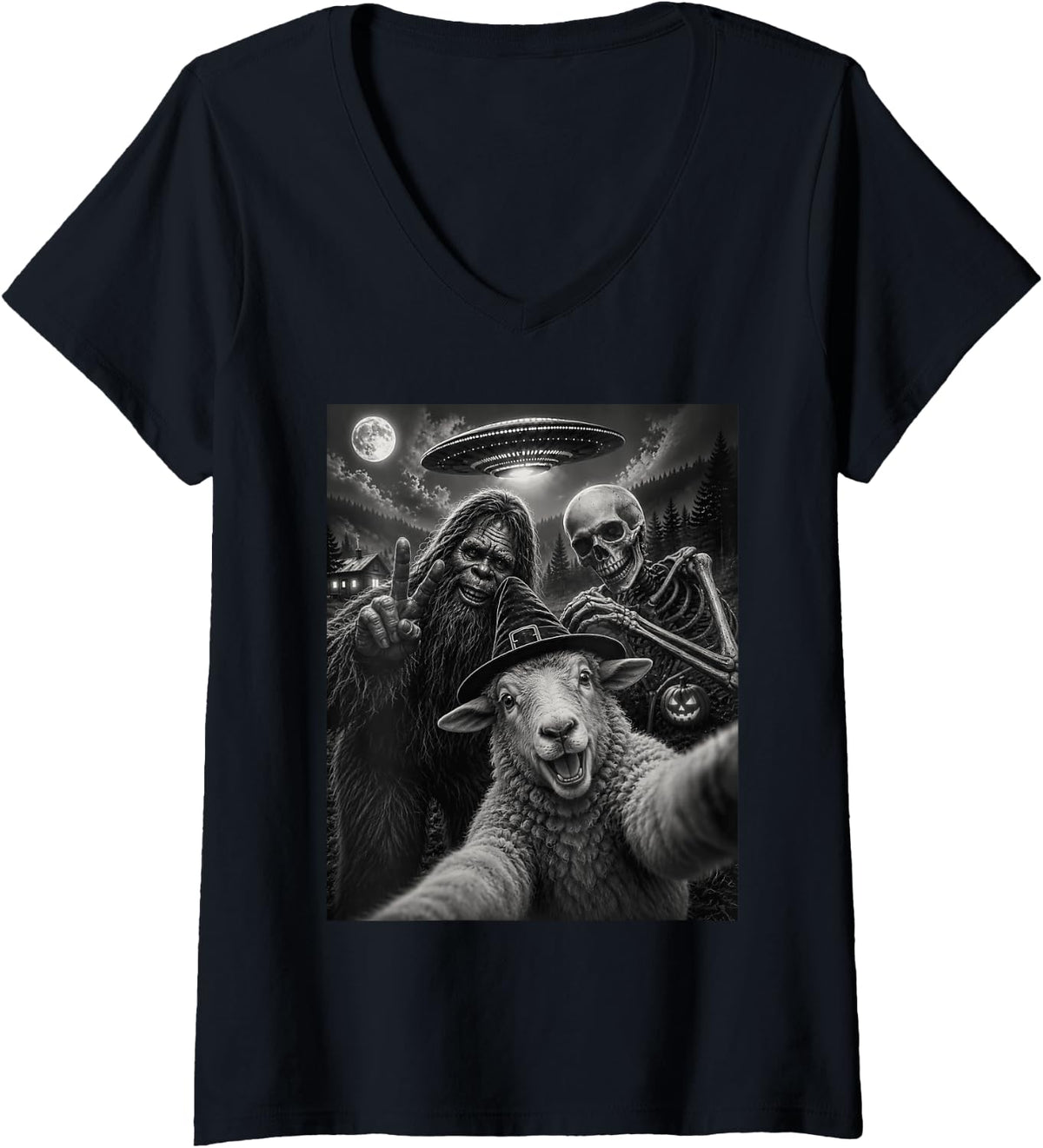 Women's Sheep Selfie with Bigfoot Skeleton Sheep Lover UFO V-Neck T-Shirt - Black
