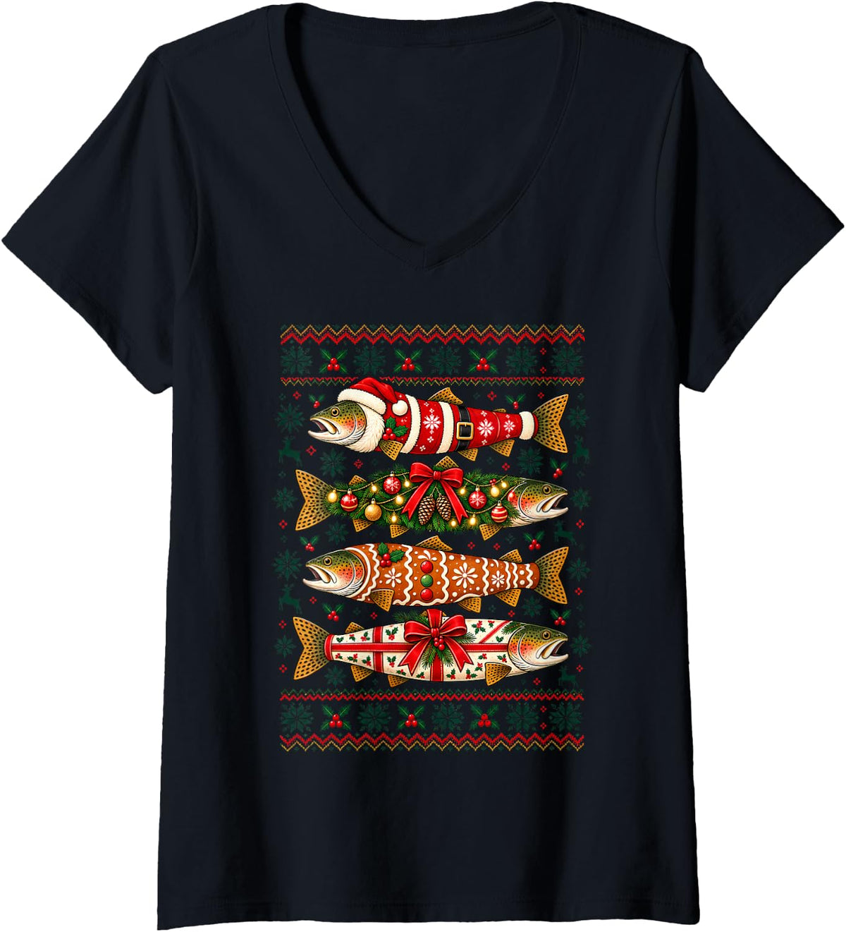 Women's Christmas Trout Fishing Santa Tree Gingerbread Ugly Sweater V-Neck T-Shirt - Black