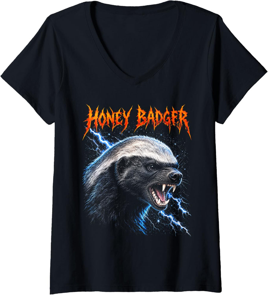 Women's Honey Badger Metalhead Bootleg Wildlife V-Neck T-Shirt - Black