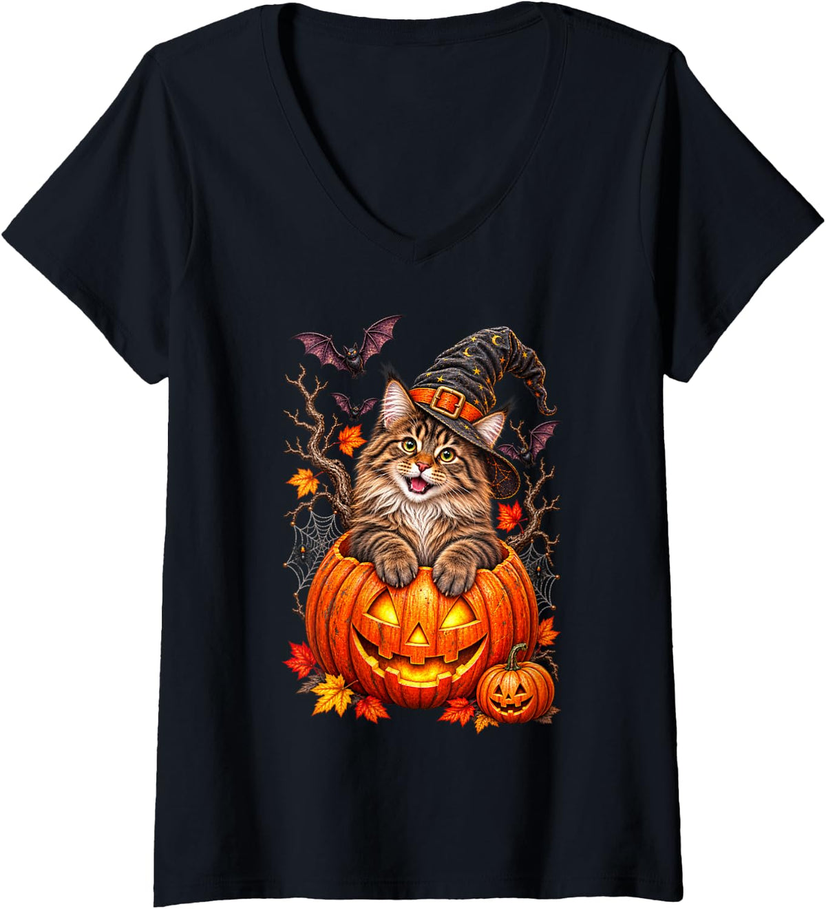 Women's Maine Coon Pumpkin Halloween Thanksgiving Men Women V-Neck T-Shirt - Black