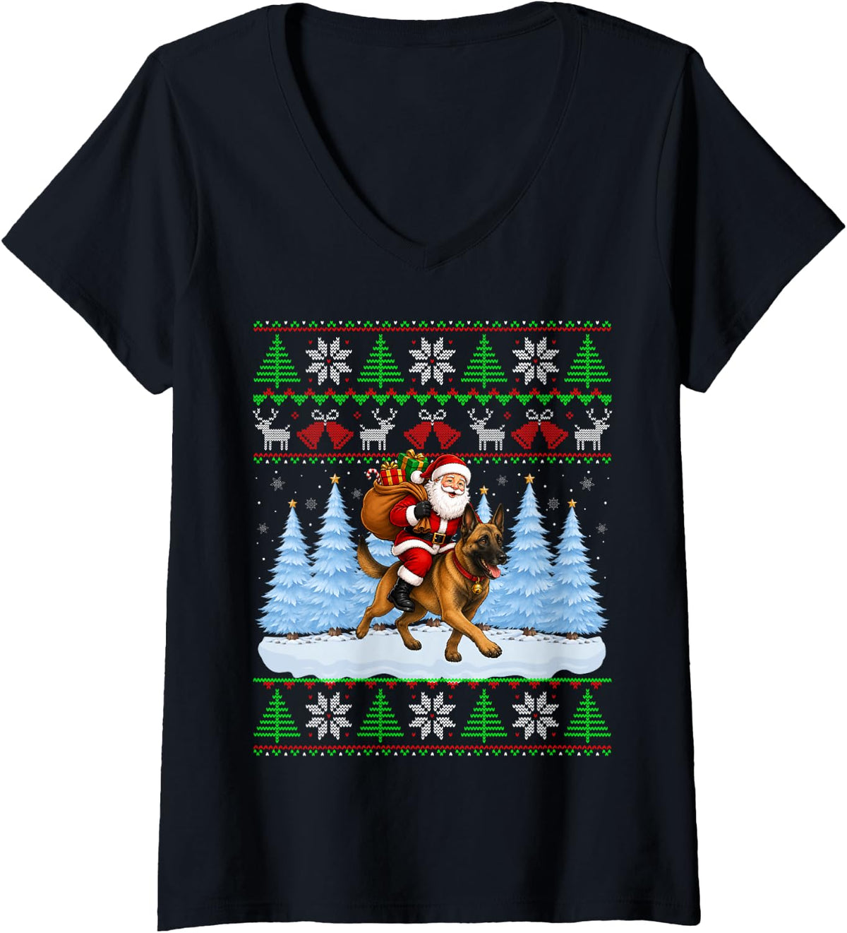 Women's Ugly Xmas Funny Santa Riding Belgian Malinois Dog Christmas V-Neck T-Shirt - Black