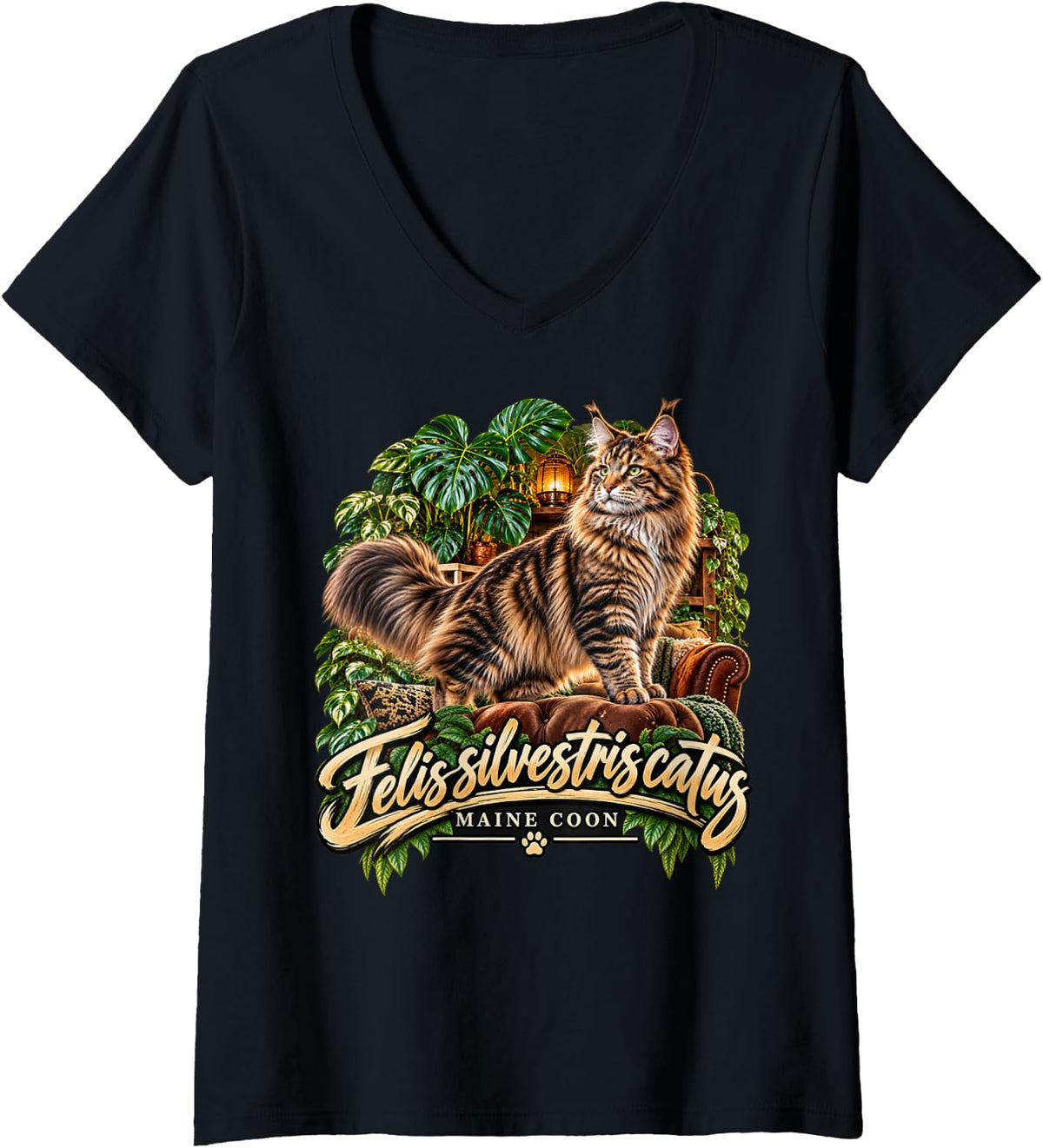 Women's Maine Coon Cat Felis Silvestris Catus Cat Lover V-Neck T-Shirt - Black