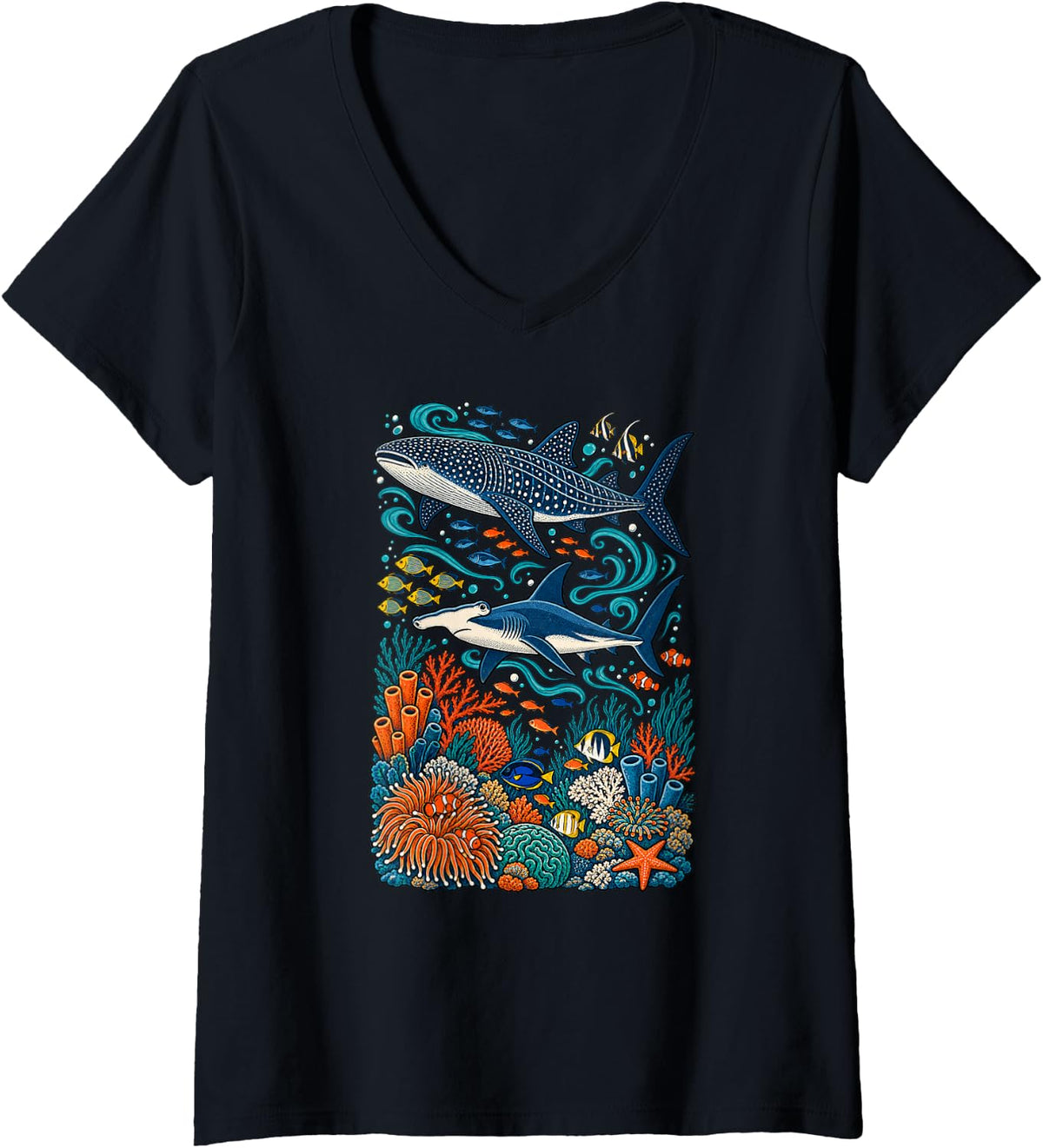 Women's Whale Shark Hammerhead Ocean Life V-Neck T-Shirt - Black