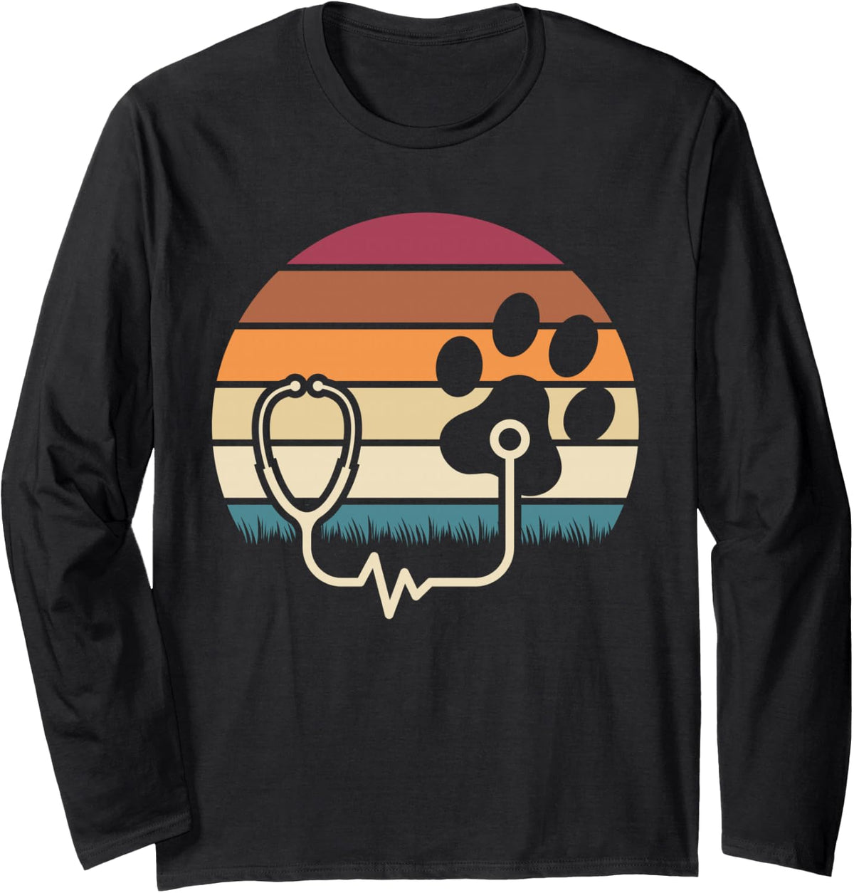 Retro Paw Stethoscope Vet Tech Funny Veterinary Technician Long Sleeve T-Shirt - Adult Unisex Black
