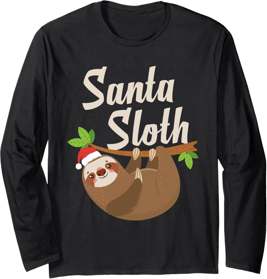 Santa Claus Sloth Christmas Holidays Men Women Kids Long Sleeve T-Shirt - Adult Unisex Black