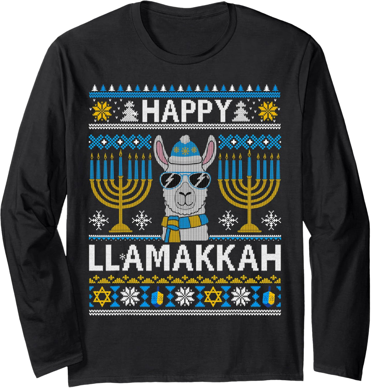 Happy Llamakkah Hanukkah Llama Menorah Chanukah Alpaca Gift Long Sleeve T-Shirt - Adult Unisex Black