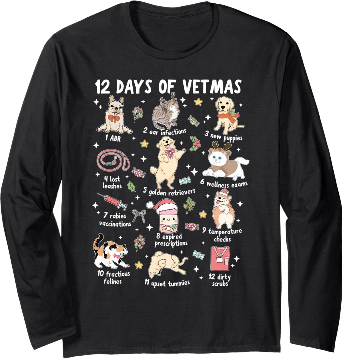 12 Days of Vermas Christmas Veterinary Medicine Vet Tech Long Sleeve T-Shirt - Adult Unisex Black