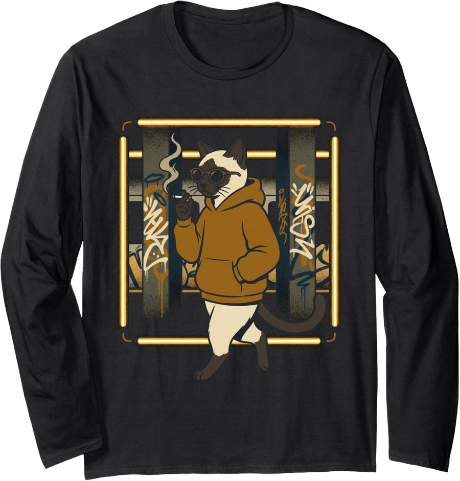 Funny Siamese Cat Smoking Long Sleeve T-Shirt - Adult Unisex Black