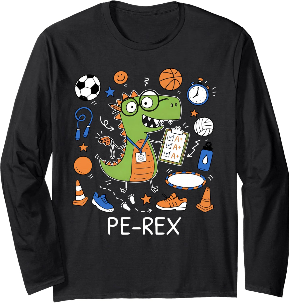 Pe-rex PE Teacher Dinosaur Funny Physical Education Teacher Long Sleeve T-Shirt - Adult Unisex Black
