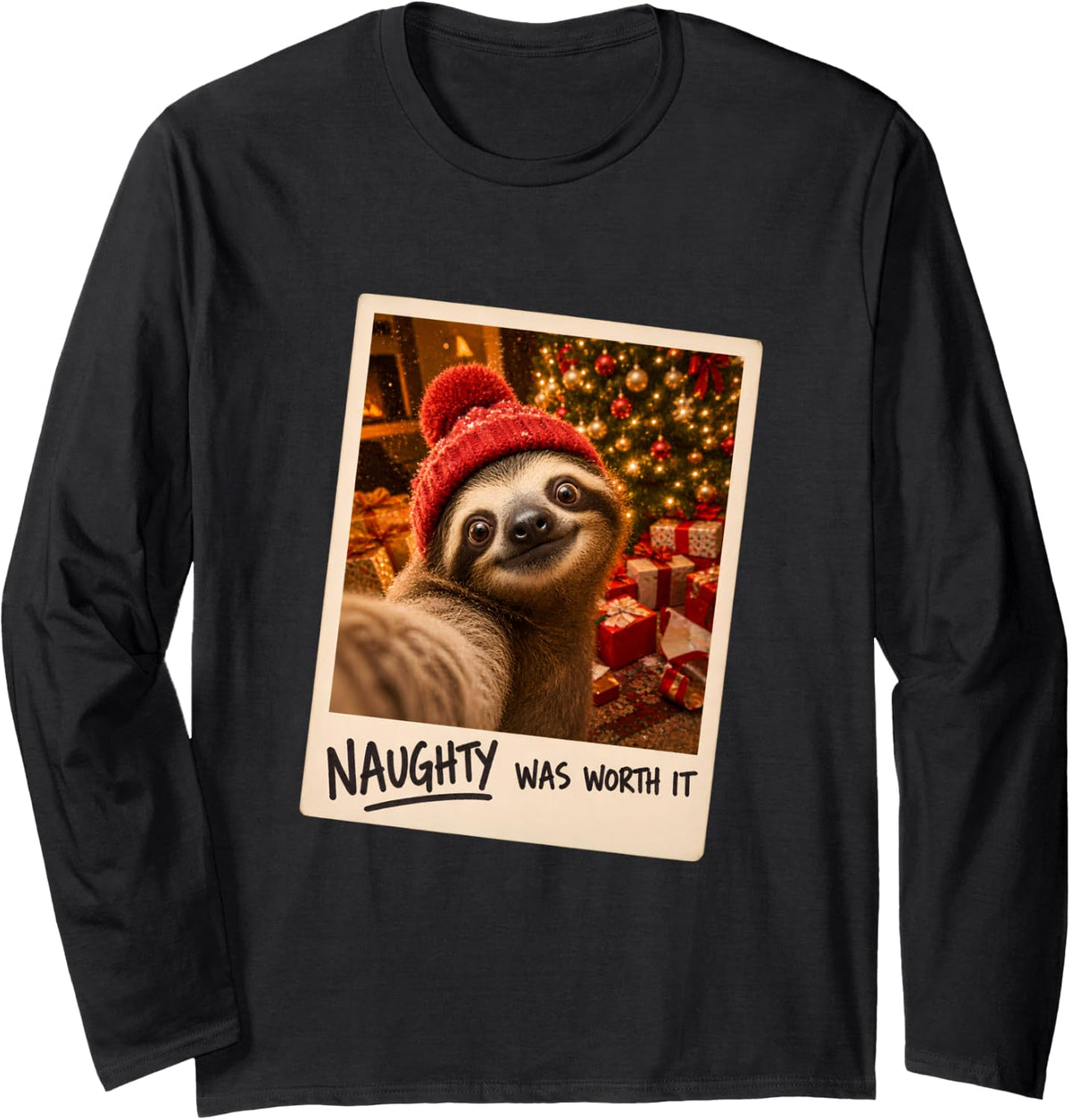 Naughty was Worth It Sloth Selfie Christmas Long Sleeve T-Shirt - Adult Unisex Black