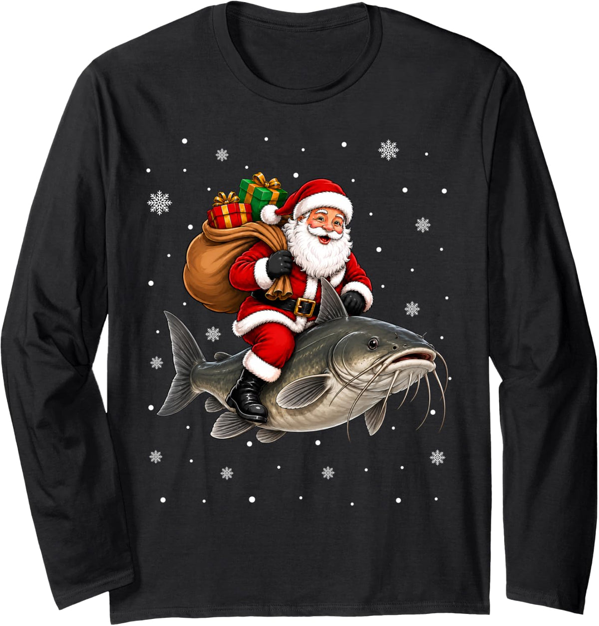 Festive Catfish Fishing Funny Santa Riding Catfish Christmas Long Sleeve T-Shirt - Adult Unisex Black