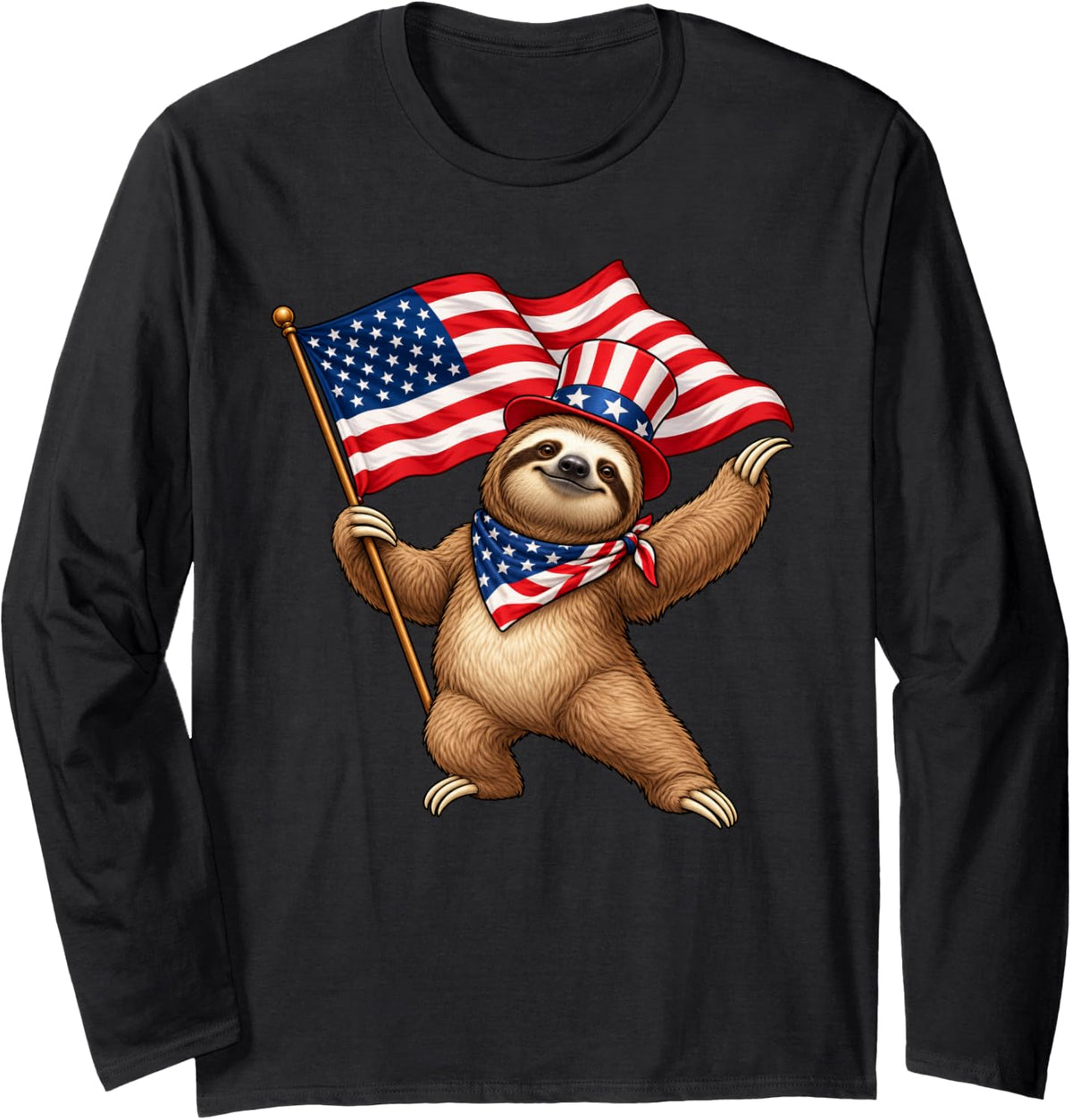 American Flag Sloth 4th of July Long Sleeve T-Shirt - Adult Unisex Black