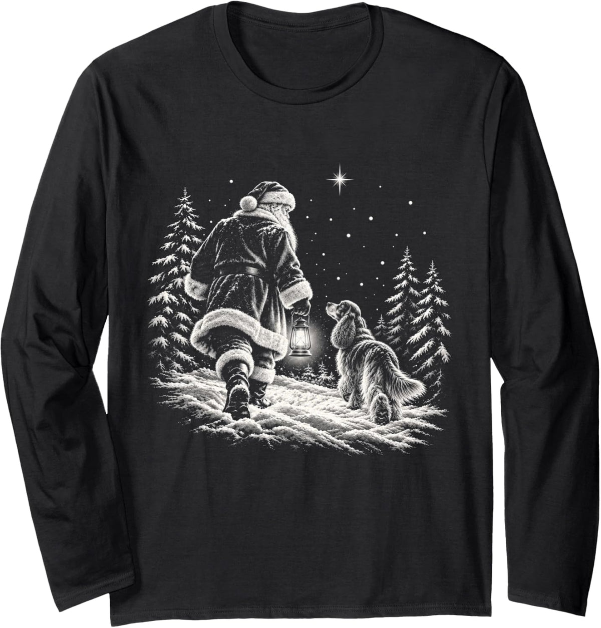 Cocker Spaniel Christmas Dog Walking with Santa Holiday Dog Long Sleeve T-Shirt - Adult Unisex Black