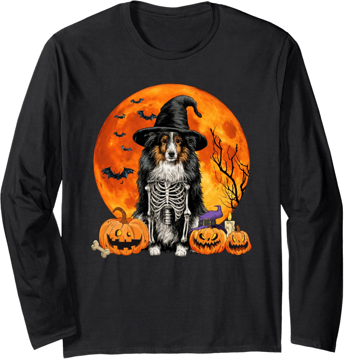 Funny Witch Shetland Sheepdog Dog Spooky Fall Halloween Long Sleeve T-Shirt - Adult Unisex Black