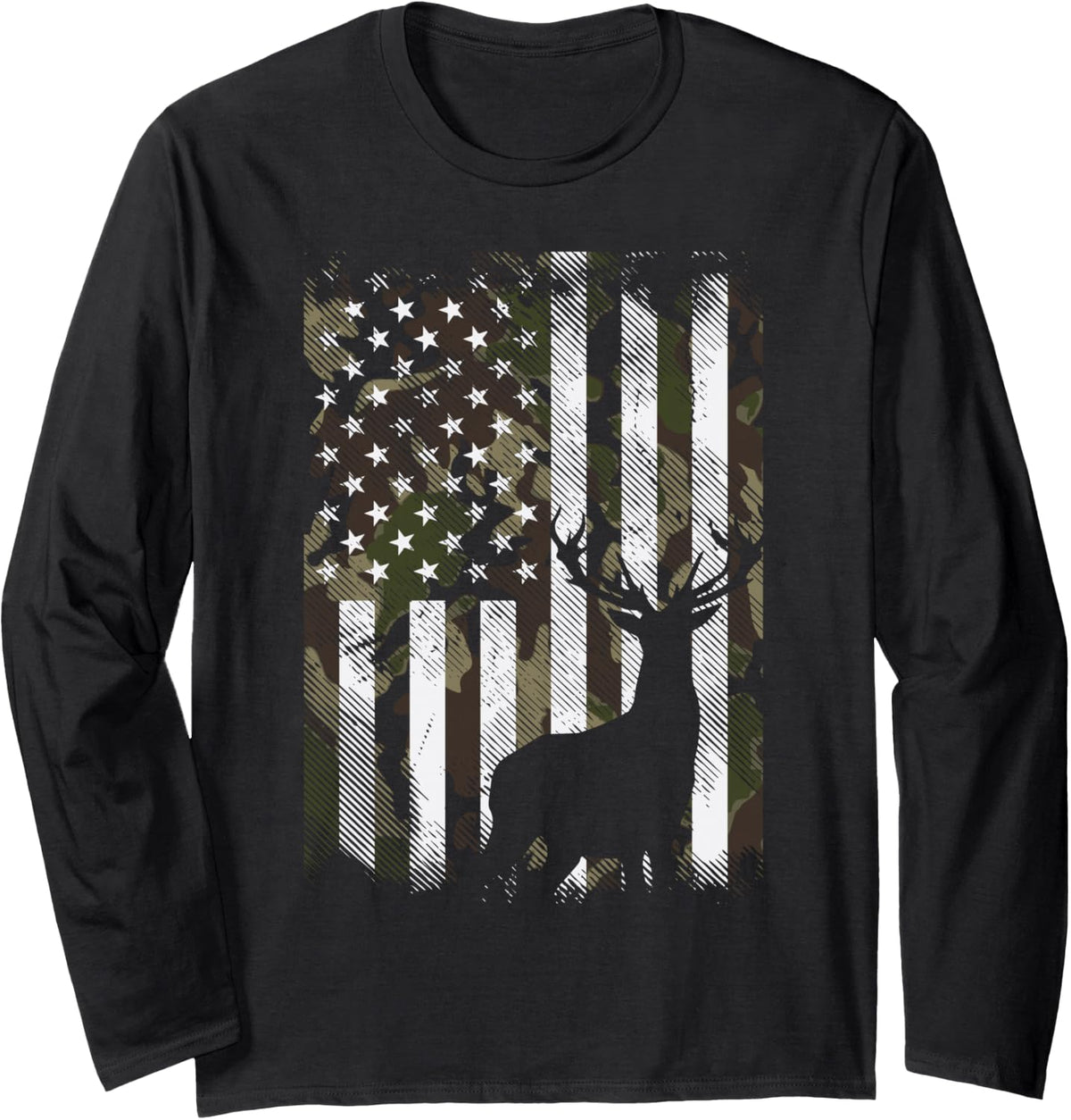 Camo American Flag Deer Elk Buck Hunting USA Hunter Gift Long Sleeve T-Shirt - Adult Unisex Black