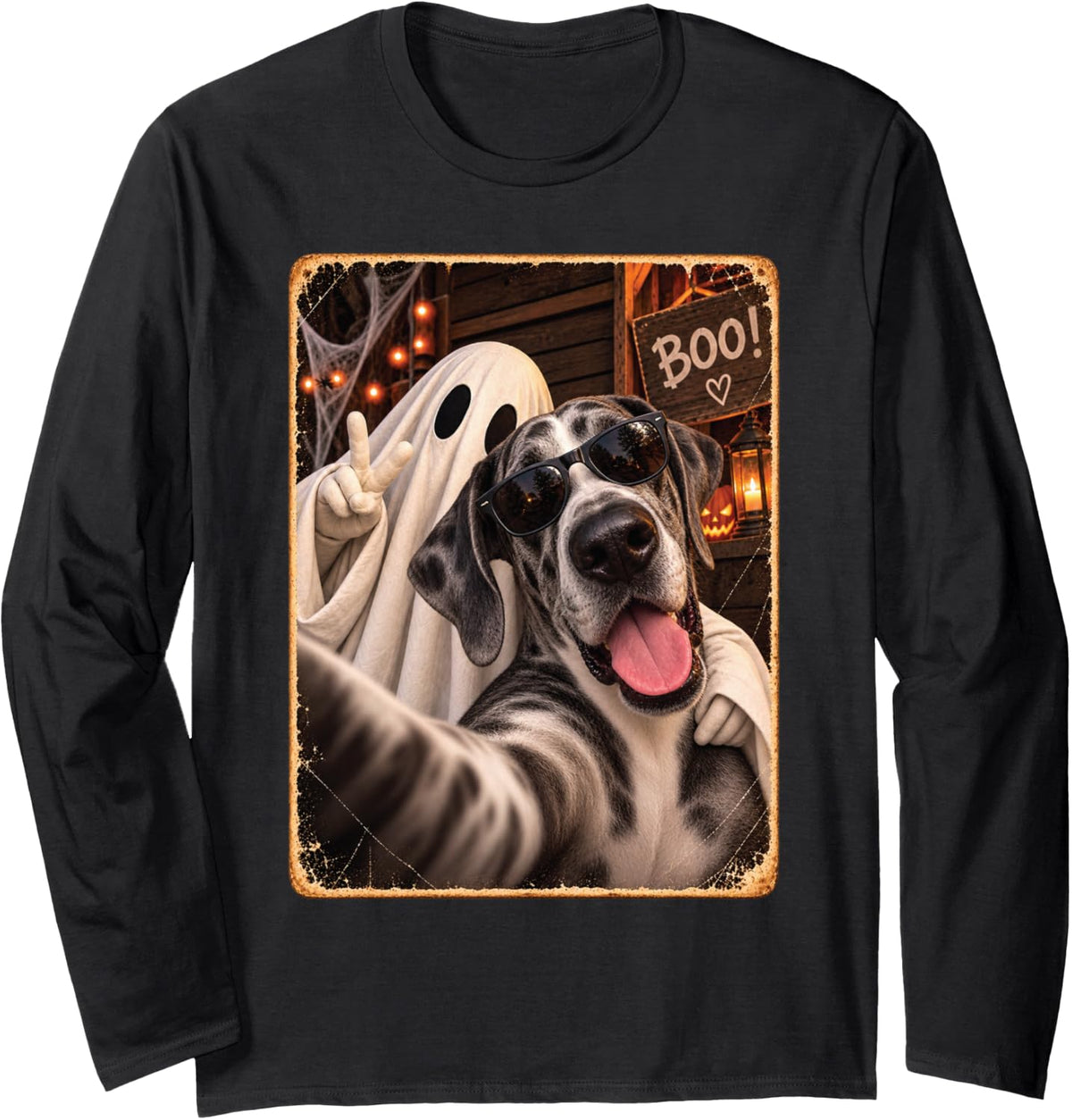 Great Dane Halloween Dog Ghost Selfie Fun Spooky Pet Family Long Sleeve T-Shirt - Adult Unisex Black