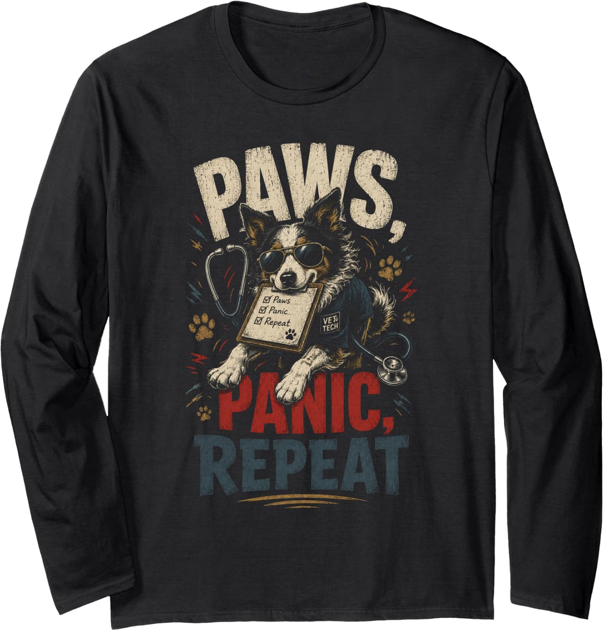Retro Vet Tech Paws Panic Repeat Funny Veterinary Assistant Long Sleeve T-Shirt - Adult Unisex Black
