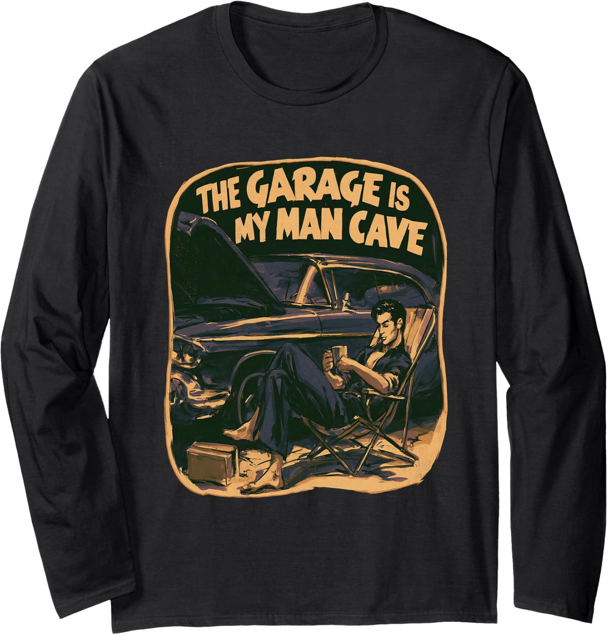 The Garage is My Man Cave Funny Mechanic Car Guy Muscle Car Long Sleeve T-Shirt - Adult Unisex Black