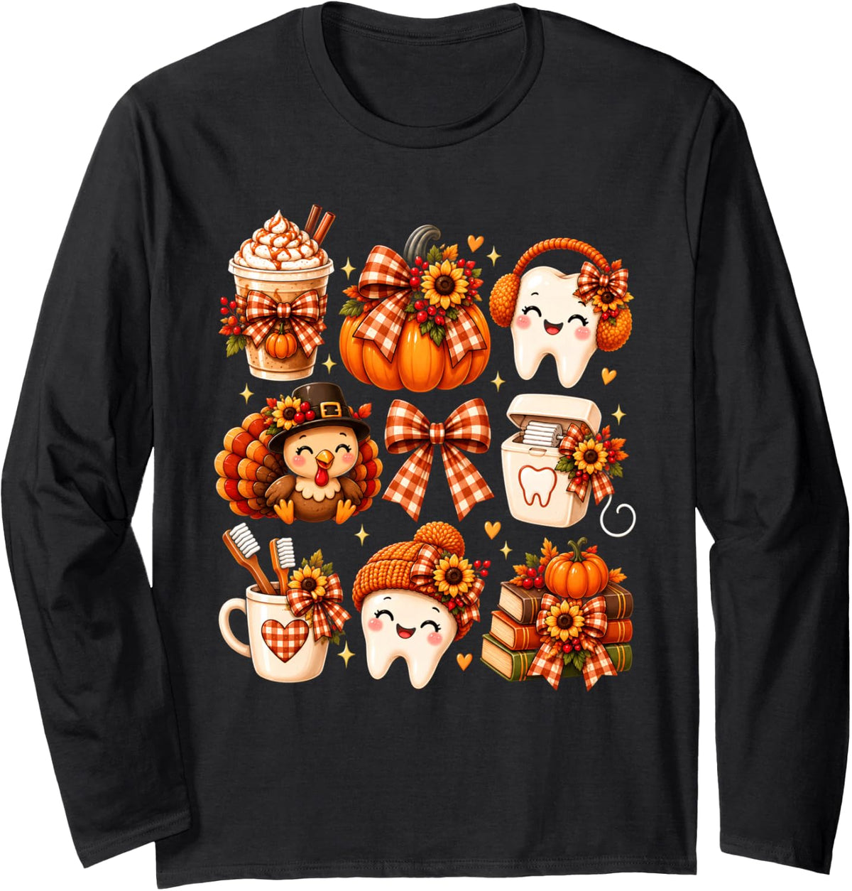 Dental Hygienist Assistant Dentist Tooth Pumpkin Bow Leaves Long Sleeve T-Shirt - Adult Unisex Black