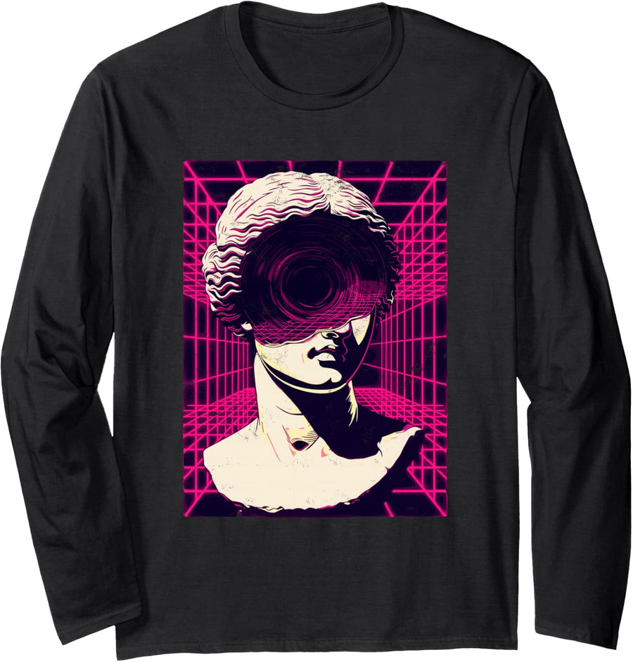 Vaporwave Statue Glitch Art Retro 80s Cyberpunk Aesthetic Long Sleeve T-Shirt - Adult Unisex Black