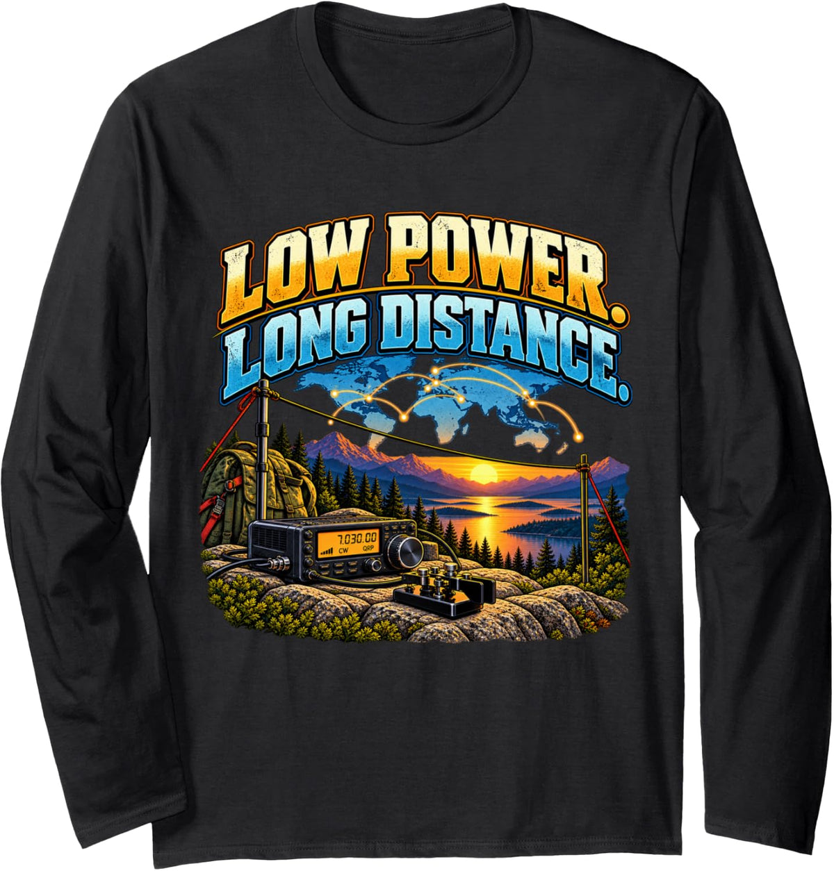 Low Power Long Distance QRP Ham Radio Amateur Radio CW Long Sleeve T-Shirt - Adult Unisex Black