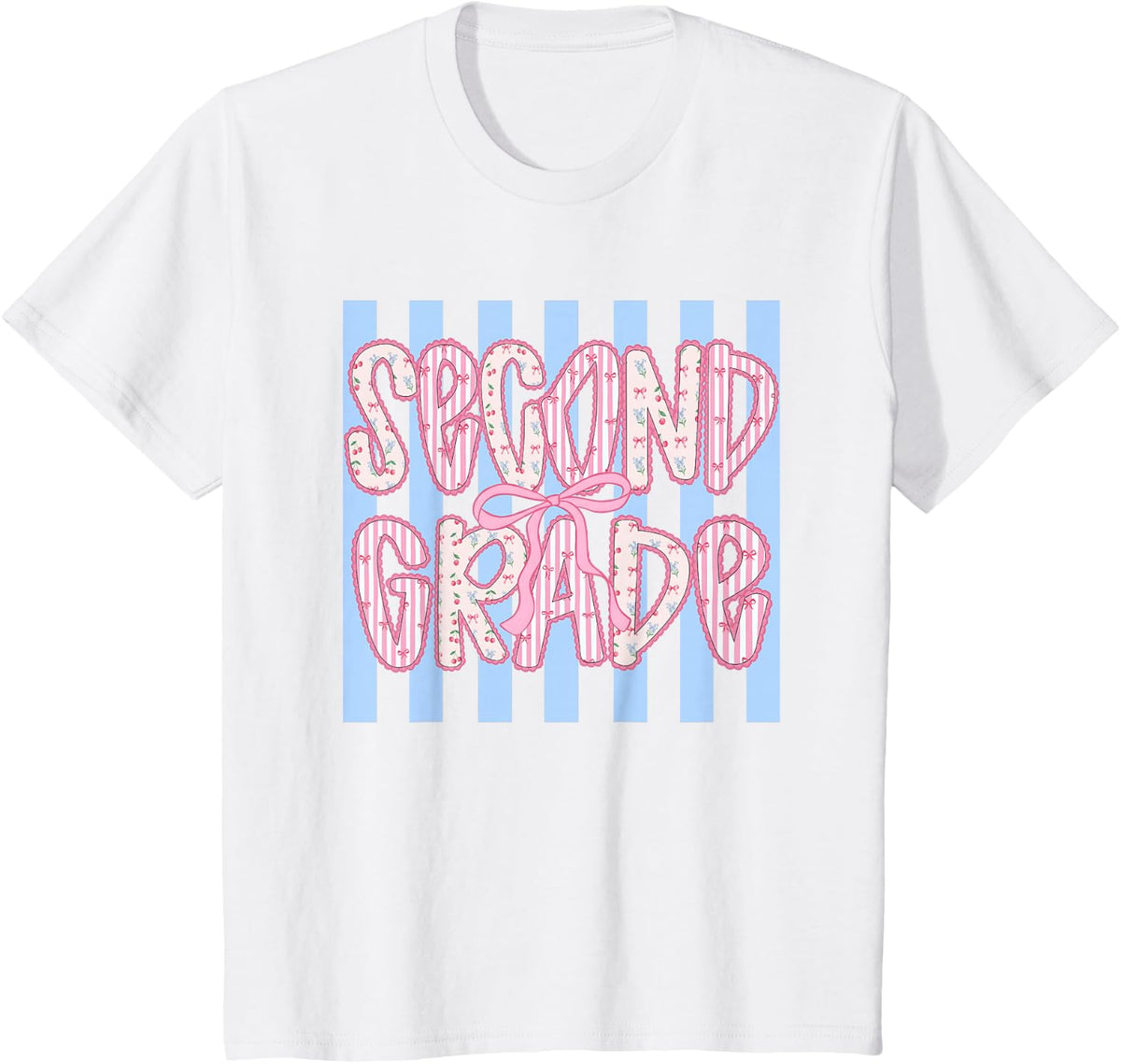 Striped Second Grade Floral Back to School Coquette Teacher T-Shirt - White