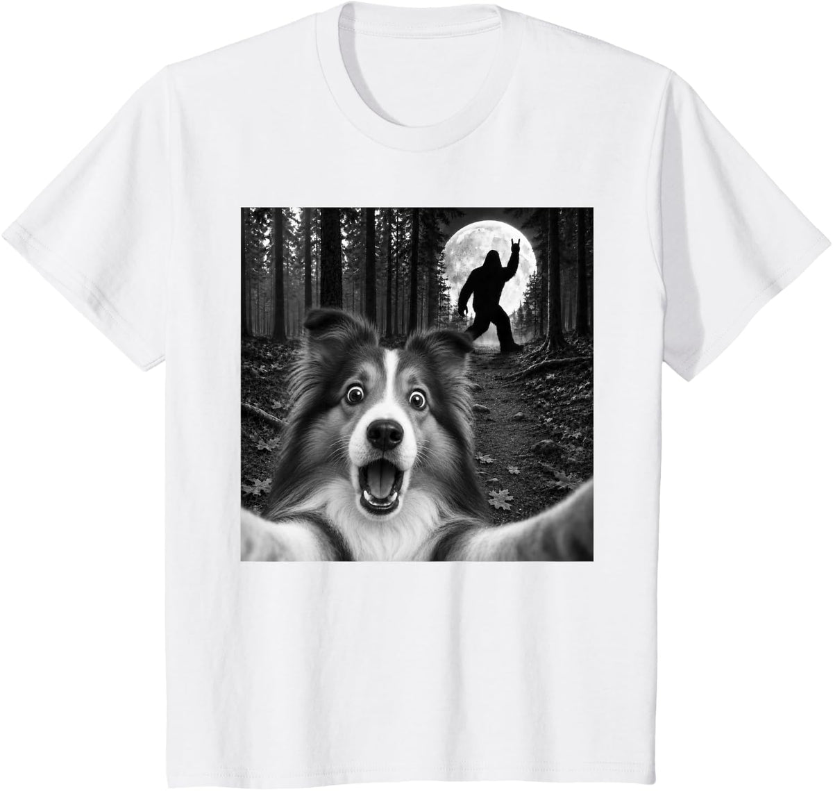 Sheltie Selfie with Bigfoot Rock and Roll Dog Sasquatch T-Shirt - White