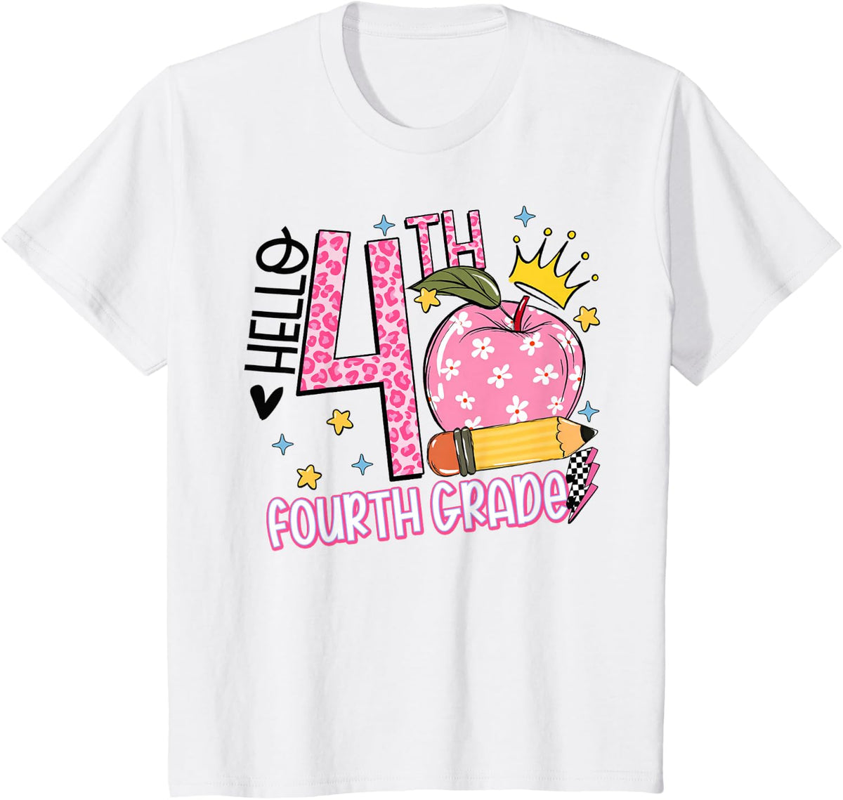 Hello 4th Grade Shirt Teacher Pink Leopard Fourth Grade T-Shirt Tee Back to School - White