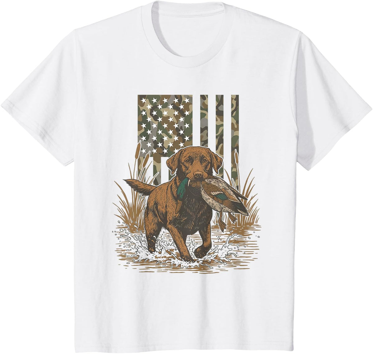Southern Duck Hunting Dog Lab Mallard Camo American Flag T-Shirt - White