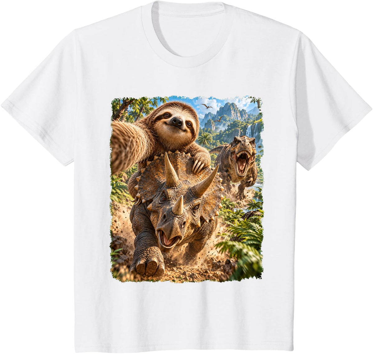 Funny Sloth Selfie Riding Triceratops T-Rex Dinosaur Jungle T-Shirt - White