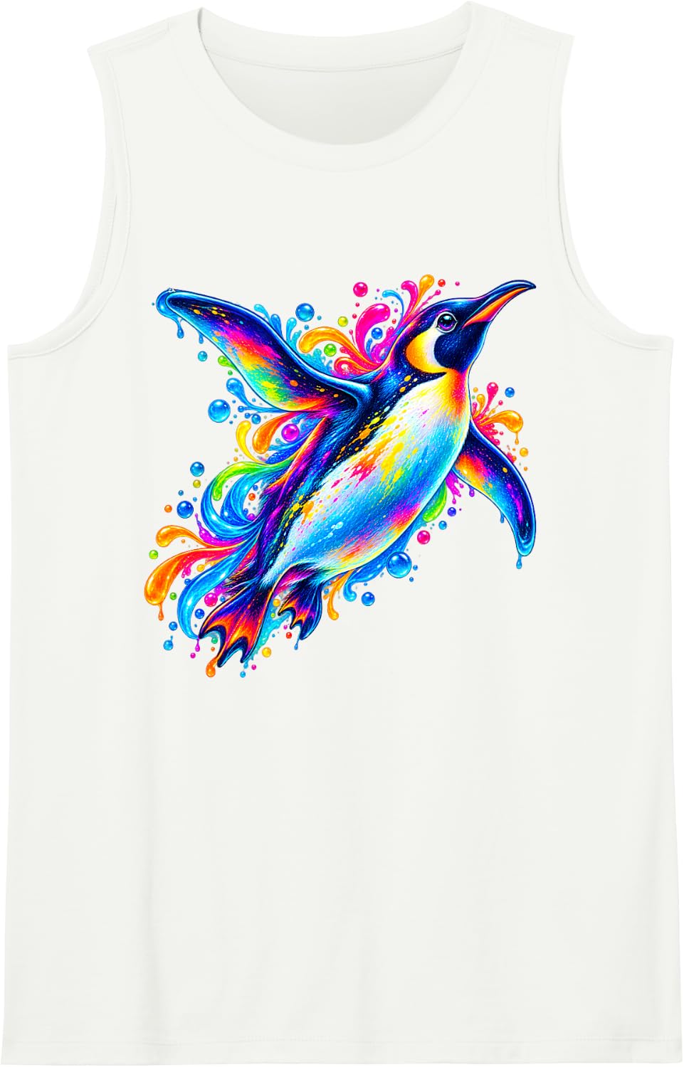 Colorful Penguin Splash Art Ocean Bird Sleeveless Tank Top - White